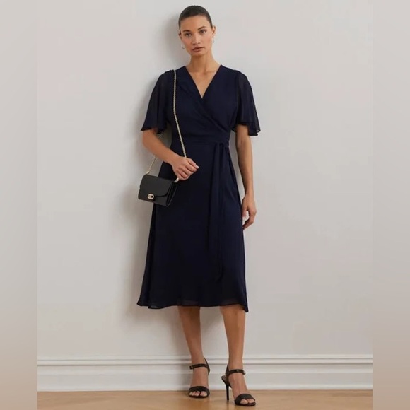Lauren Ralph Lauren Women’s Georgette Belted Navy Dress with Flutter Sleeve, 12 - Picture 1 of 6